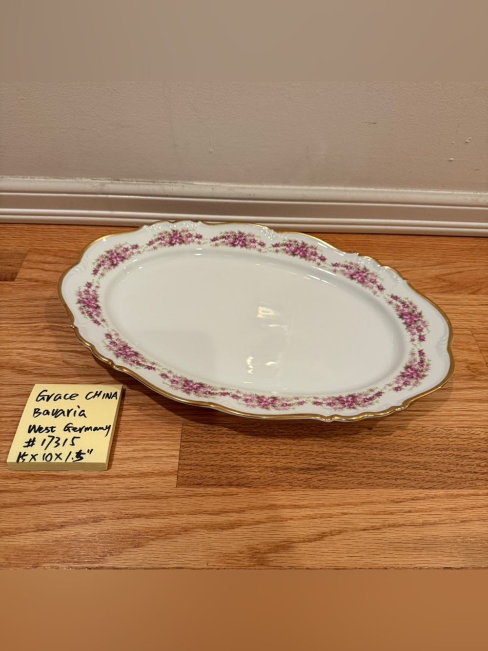 White Porcelain Oval Serving Platter 15"x10x1.5" Pink Floral Gold West Germany